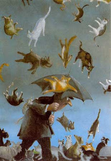 drawing of a man with an umbrella while it is really raining cats and dogs