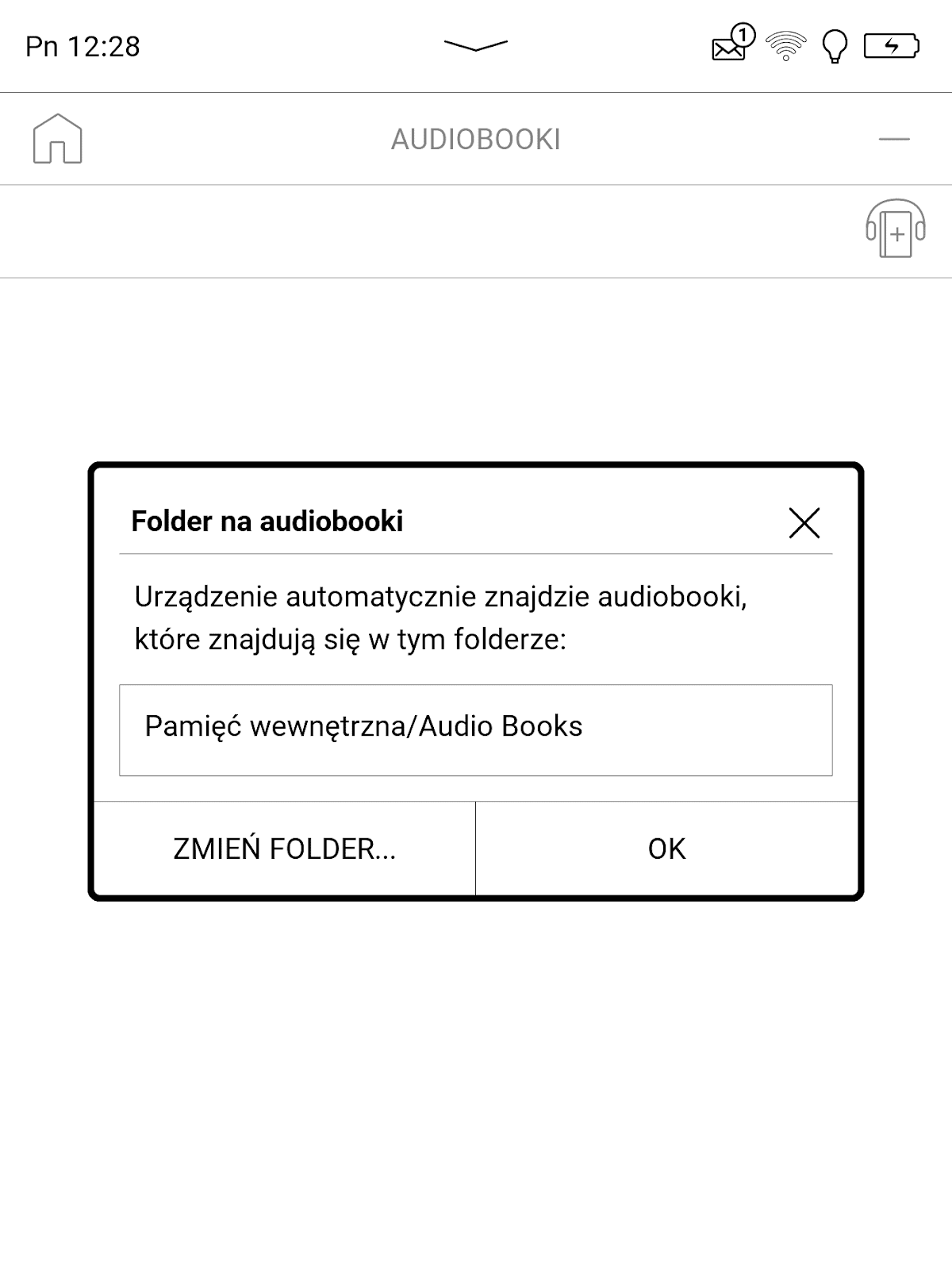 PocketBook InkPad 4 – wybór folderu z którego mają być wyszukiwane i odtwarzane audiobooki