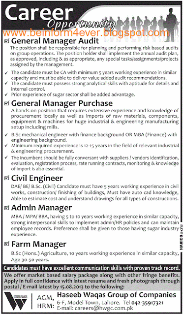 Jobs For General Manager and Civil Engineer in Lahore