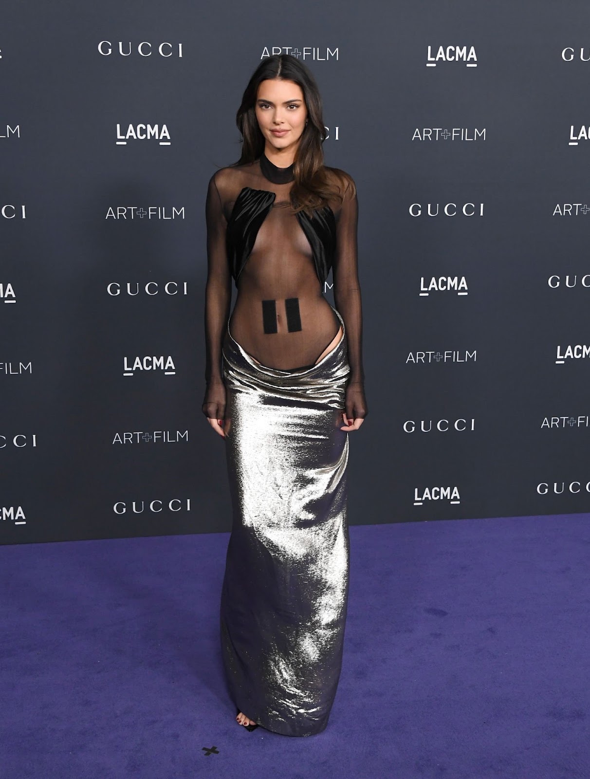 Kendall Jenner Goes Sheer in Edgy Mesh Bodysuit and Metallic Skirt at 2022 LACMA Art + Film Gala.