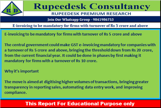E-invoicing to be mandatory for firms with turnover of Rs 5 crore and above - Rupeedesk Reports - 04.07.2022