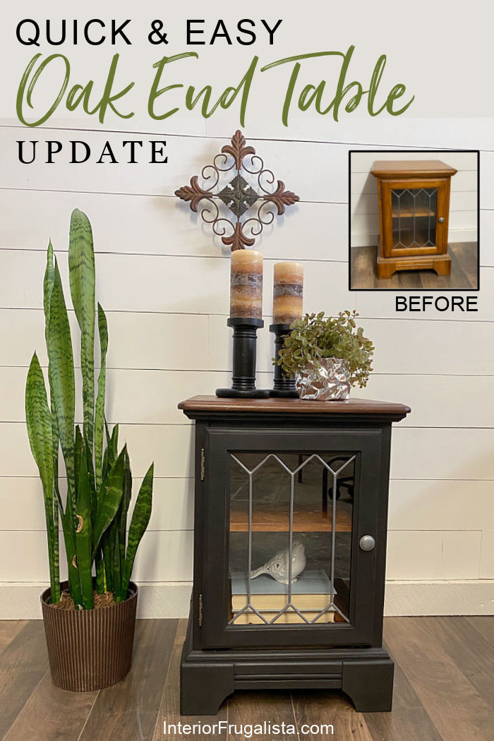 How to give tired and dated oak end tables a quick and easy update with a paint and stain combination. Aside from waiting for the paint and stain to dry, this easy furniture makeover can be finished in an afternoon! #furnituremakeover #endtablemakeover #sidetablemakeover #nightstandmakeover