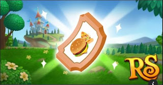 Royal Story Game, A ticket with an icon of a hamburger hovers before a castle in the woodlands