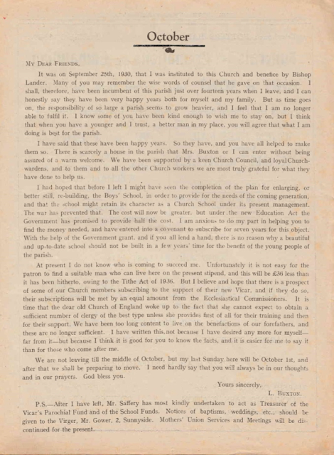 The Rev. Buxton wrote a long letter to his parishioners in the parish magazine of October 1944.