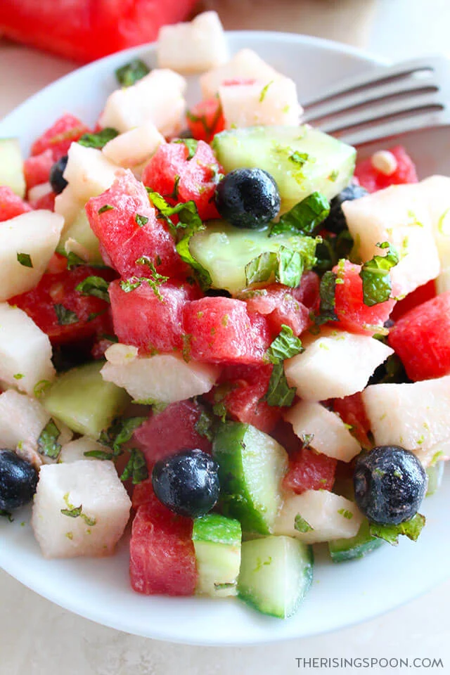 Watermelon Salad with Cucumber, Blueberries, Jicama & Coconut Lime Dressing