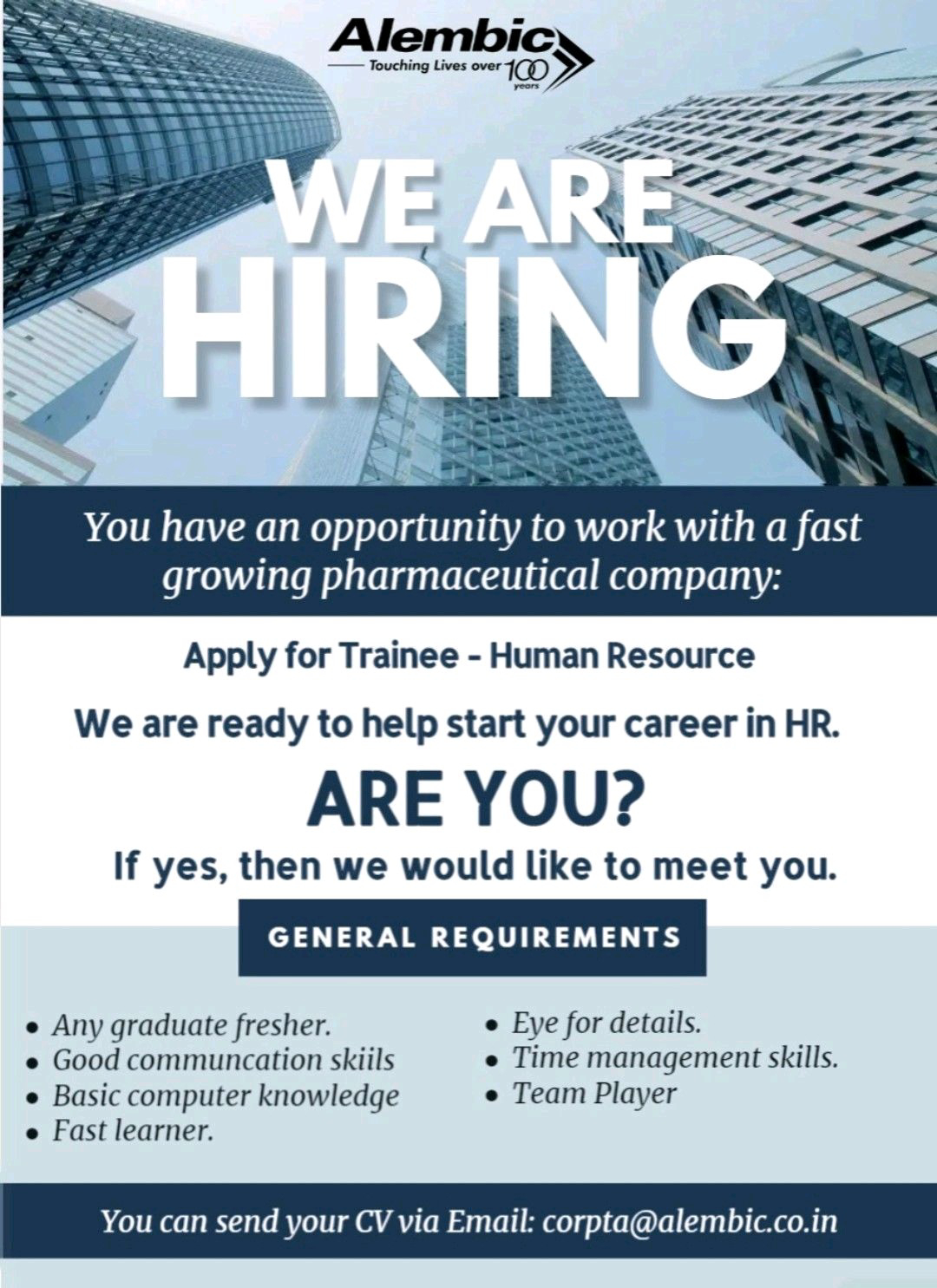 Job Available's for Alembic Pharmaceuticals Ltd Job Vacancy for Fresher's in Trainee - Human Resource