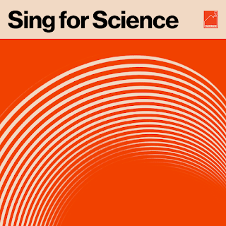 Graphic with orange background and white lines cresting at the top with the words Sing For Science in the top corner.