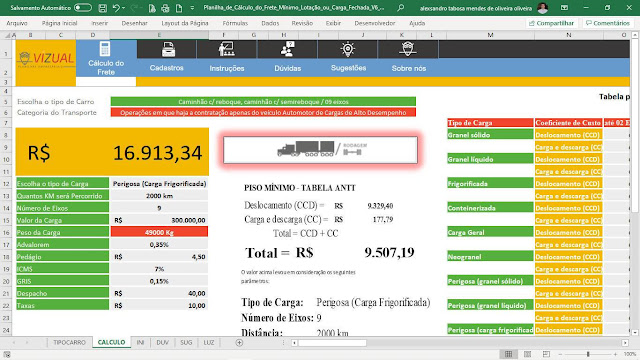 Planilha de Frete Mínimo Lotação ou Carga Fechada em Excel