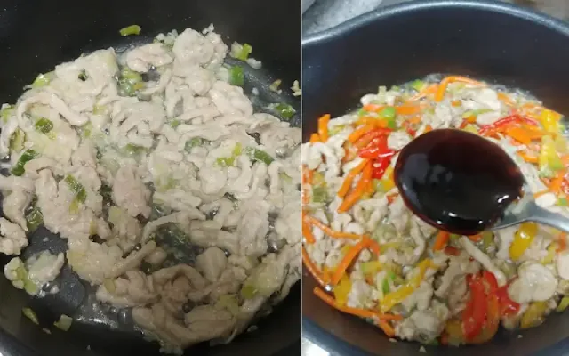 볶은-대파와-돼지고기에-야채가-추가되었고-소스-한숟가락-뜬-사진