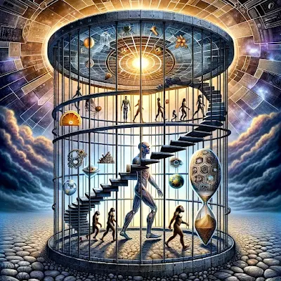 Metaphorical depiction of human evolution within Dollo's Law constraints and population dynamics, illustrating the 'evolutionary cage' concept.