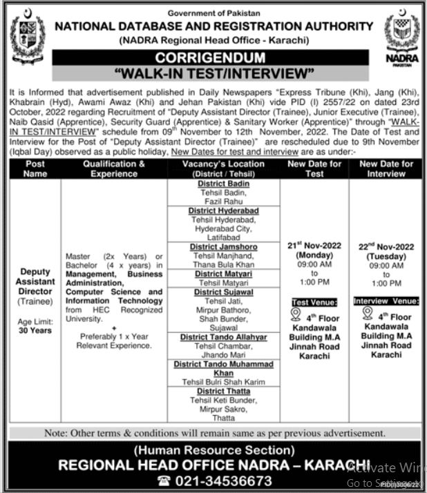 Latest National Database & Registration Authority NADRA Management Posts Karachi 2022