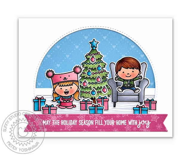 Sunny Studio Kids with Presents, Armchair & Pink Holiday Tree Card (using Cozy Christmas 4x6 Clear Stamps)