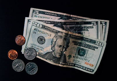 Dollars, three notes with five gold and silver coins.