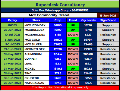 Mcx Commodity Intraday Trend Rupeedesk Reports - 13.06.2023