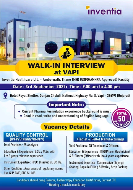 Job Availables, Inventia Healthcare Walk In Interview For Production) QC Department - 50 Opening