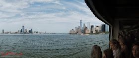 Manhattan Harbor panorama with New Jersey and Manhattan skylines. Travel photography by Kent Johnson.