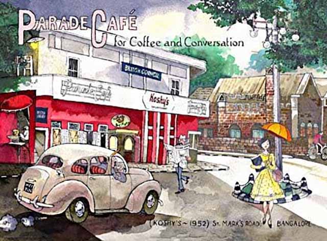 Paul Fernandes cartoonist- Bangalore illustration of Koshy's Parade Cafe