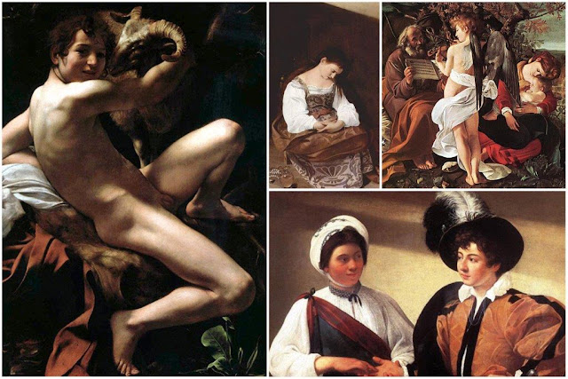 Cuadro San Juan Bautista  de Caravaggio en los Musei Capitolini de Roma,  Cuadros Magdalena penitente y Descanso en la huida a Egipto de Caravaggio en la Galleria Doria Pamphilj en Roma, Cuadro La buenaventura de Caravaggio en los Musei Capitolini de Roma