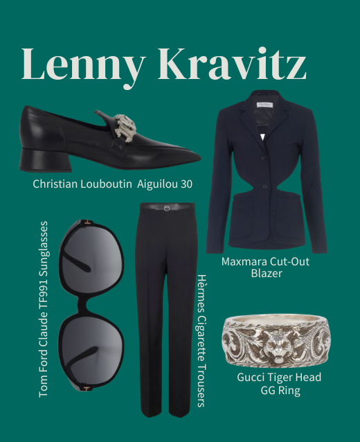 Collage of designer items agaisnt London Green backdrop, items include loafers, sunglasses, trousers, blazer and Gucci ring