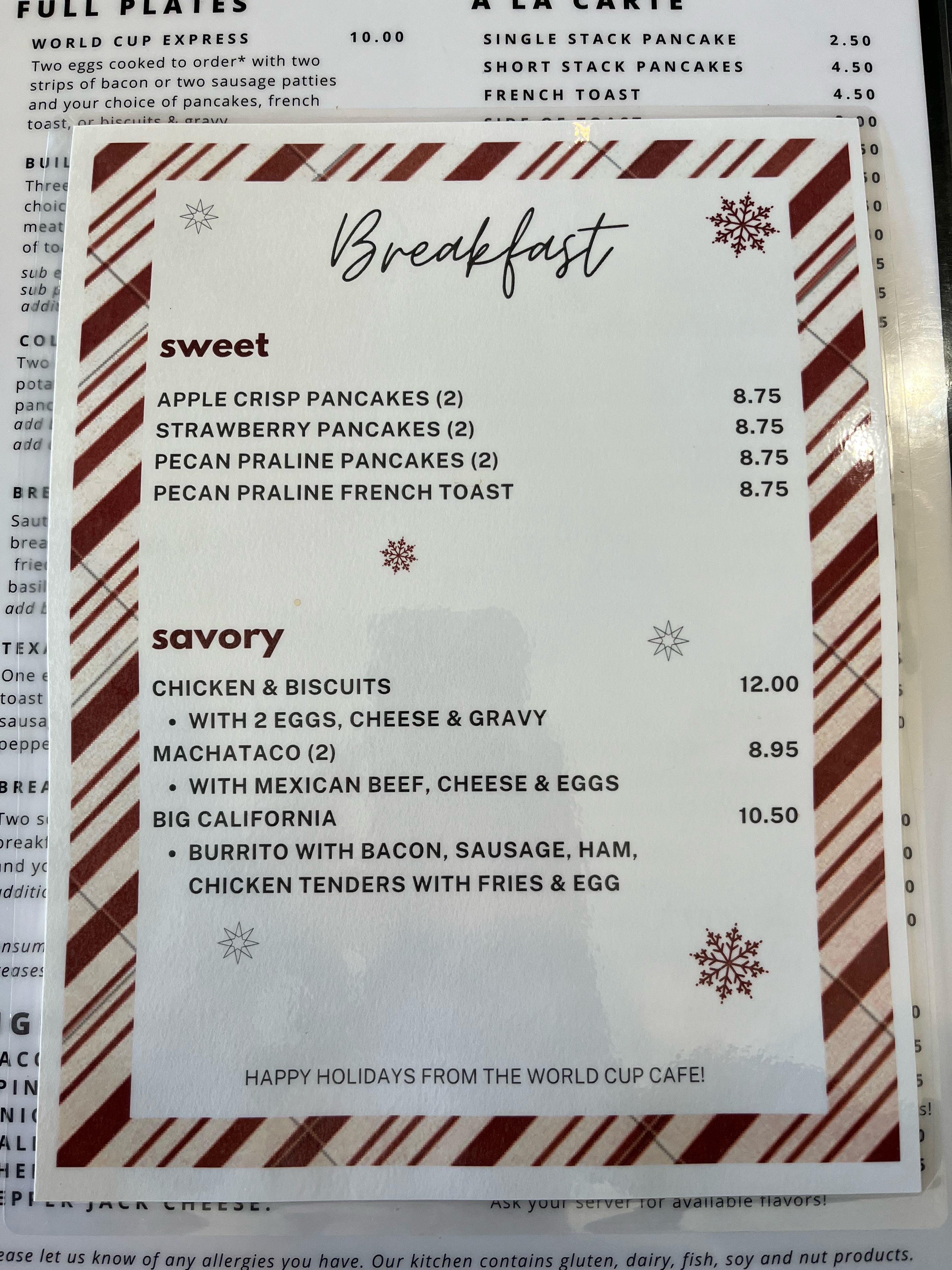 World Cup Cafe's special seasonal holiday menu