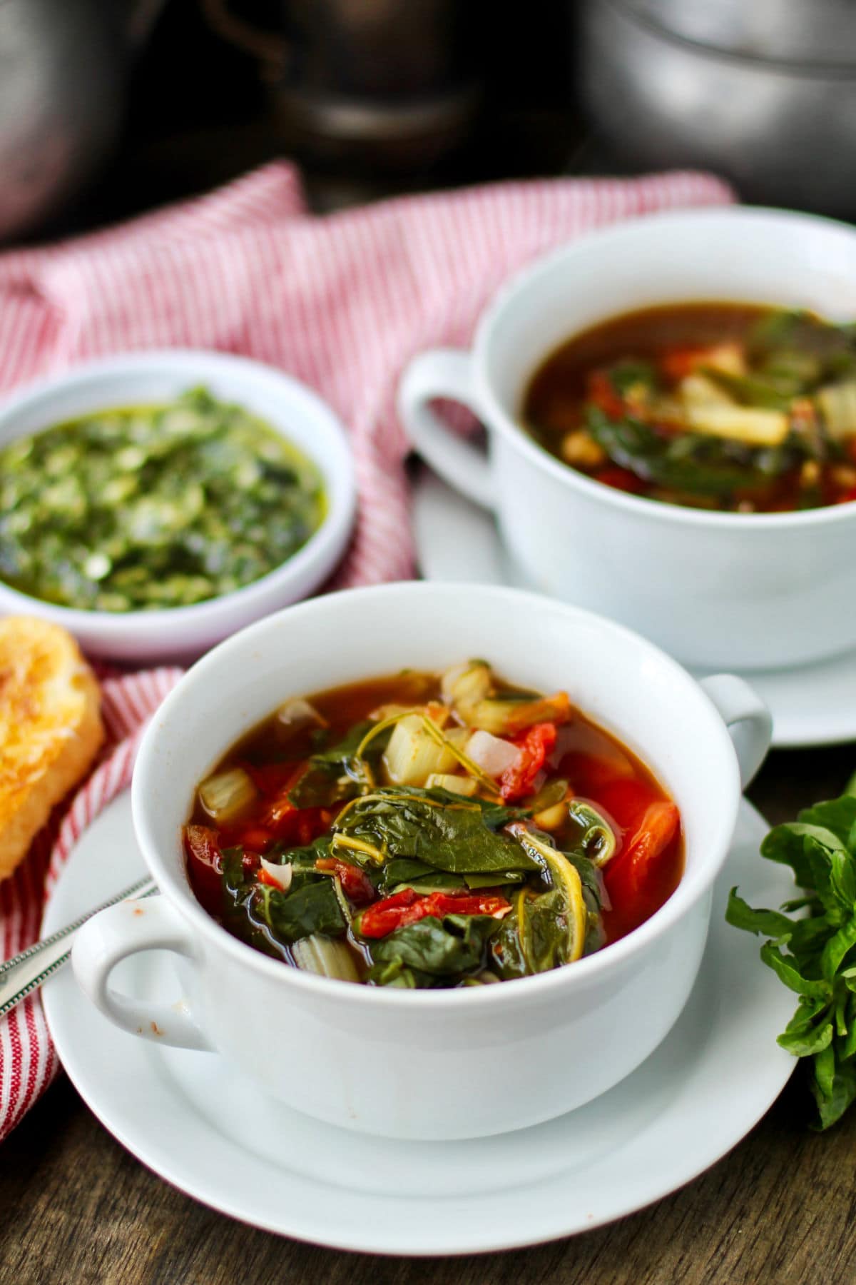 Swiss Chard and White Bean Soup with Basil Pesto on the side.