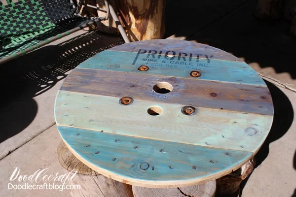 roadside rescued spool turned into a patio table.