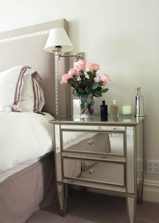 nailhead trim headboard, mirrored nightstand, pink roses