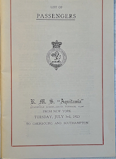 Cunard Aquitania list of passengers July 3rd 1923