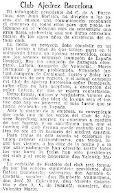 Torneo de Ajedrez Barcelona 1926, recorte de La Vanguardia, 23/7/1926