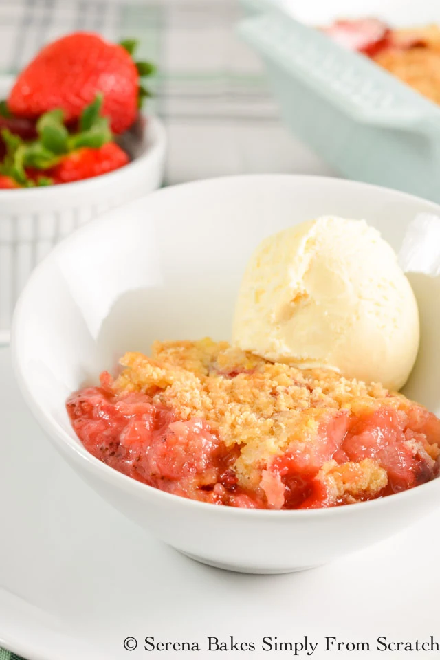 Strawberry Rhubarb Cobbler recipe is super simple to make and no rolling required from Serena Bakes Simply From Scratch.