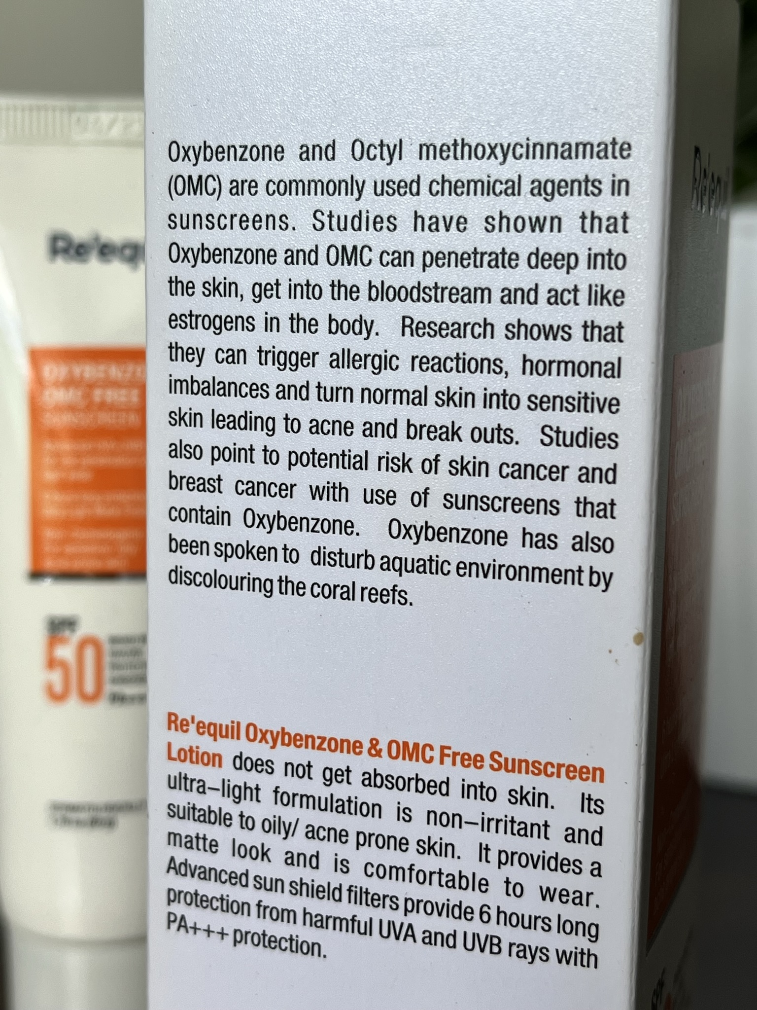 Re’equil sunscreen reequil Oxybenzone and OMC free orange sunscreen SPF 50 PA +++ review ingredients