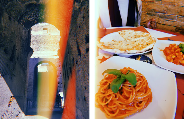 A la izquierda, parte del interior del Coliseo Romano. A la derecha espaguetis, pizza y ñoquis italianos.