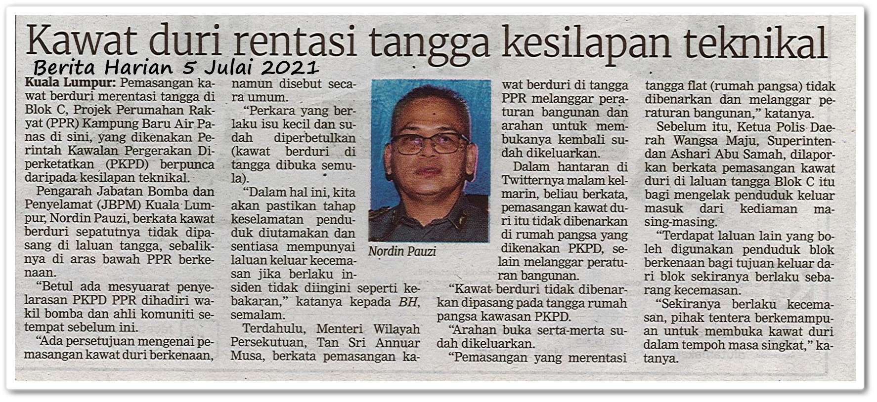 Kawal duri rentasi tangga kesilapan teknikal - Keratan akhbar Berita Harian 5 Julai 2021