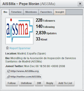 Imagen de la ficha de la cuenta de Twitter de AISSMa a través de HootSuite, al 02/05/2011