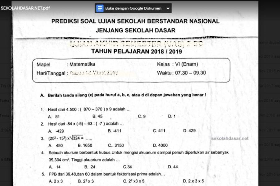 Prediksi Soal Usbn Sd Matematika Tahun 2019