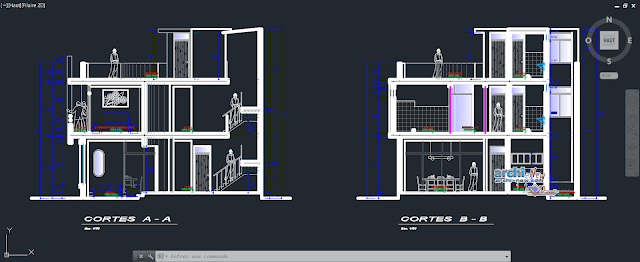 Map of architecture detached house with two floors plus roof in AutoCAD 