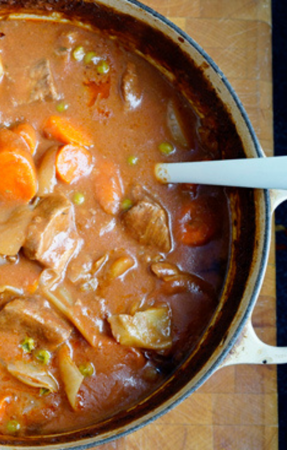 View of beef stew in a pot.