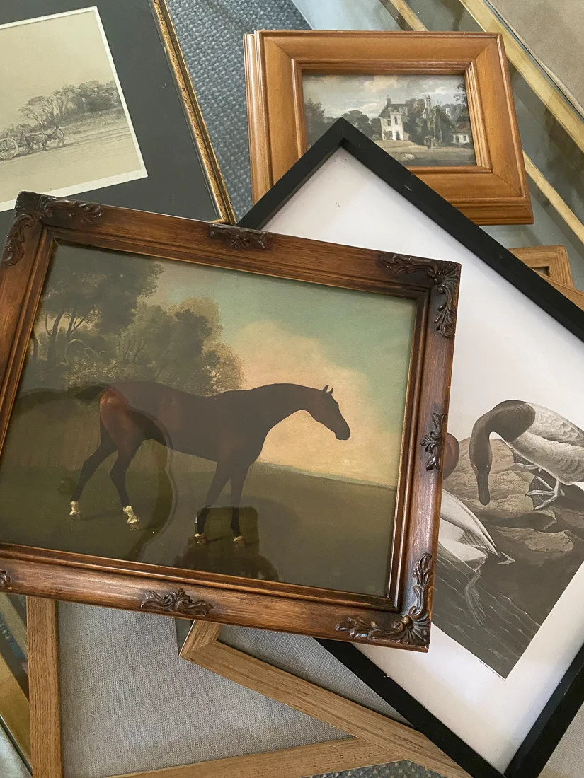 Collection of vintage printable art featuring horses, fall landscapes, and birds in thrifted wood frames and metal frames