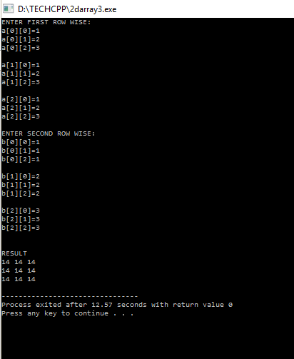 C++ Program to perform multiplication of two matrices with output