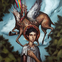 fantastical beast standing on the shoulders of a boy