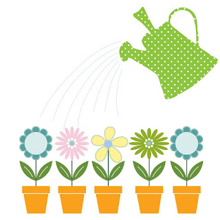 Illustration of watering can watering a row of flowers in pots