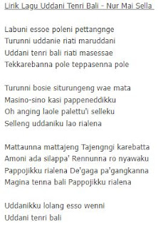 Lirik Lagu Uddani Tenri Bali - Nur Mai Sella