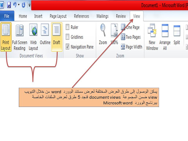 طرق وأساليب العرض view المختلفة فى برنامج الوورد Microsoft word  (page layout-full screen reading- web layout- outline- draft)