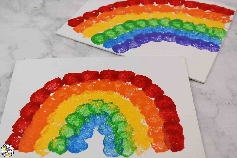 rainbow cotton ball painting