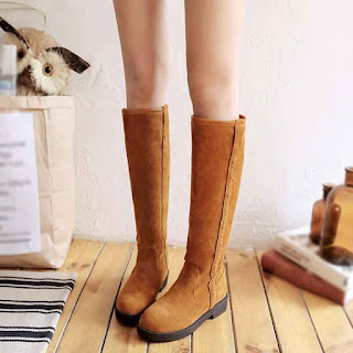 women's lady knee high boots winter warmer snow boot low heels shoes fur lining