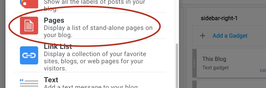 The pages option listed in BLoger's list of widgets
