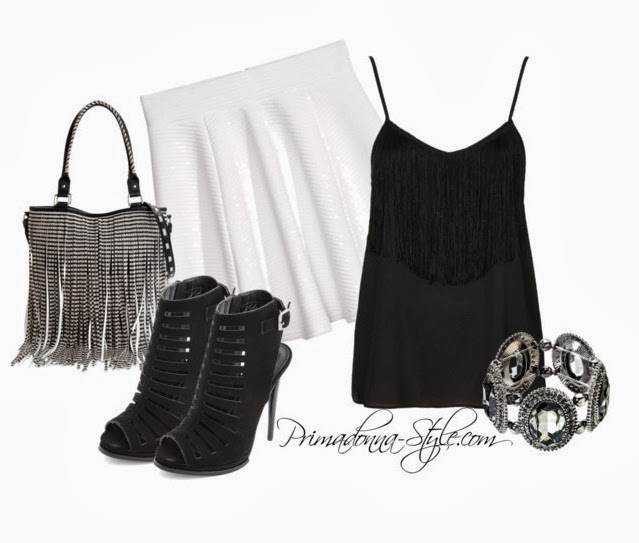 how to wear what to wear with Strappy Fringe Cami Circular Skirt Steve Madden Bfringer Tote Peep Toe Caged Heel Capsule by Cara Stretch Bracelet 