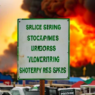 Green Acres Flea Market sign with fire in the background