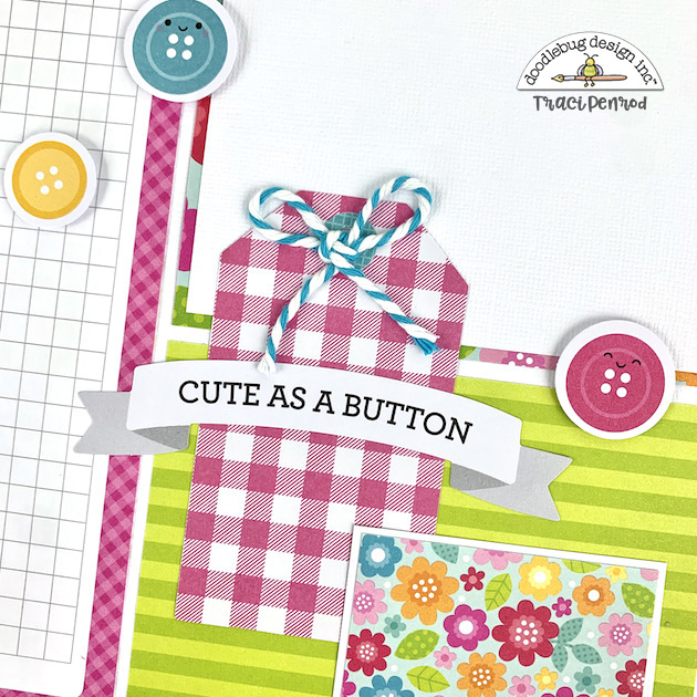 8x8 Crafty Scrapbook Page with buttons, a tag, twine, and colorful flowers