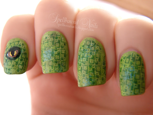 nails nailart nail art polish mani manicure Spellbound ABC Challenge I is for iguana animal scales green blue stamp stamped stamping plate Born Pretty Store eye reptile